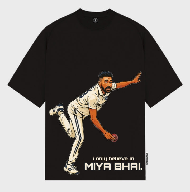 I ONLY BELIEVE IN MIYA BHAI (MOHD SIRAJ) 240 GSM OVERSIZED BLACK T SHIRT